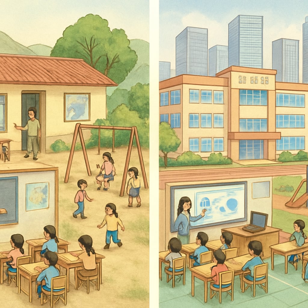 A rural school in China with limited resources, contrasting the well-equipped urban schools. A rural school in China with minimal infrastructure, highlighting resource allocation disparities.