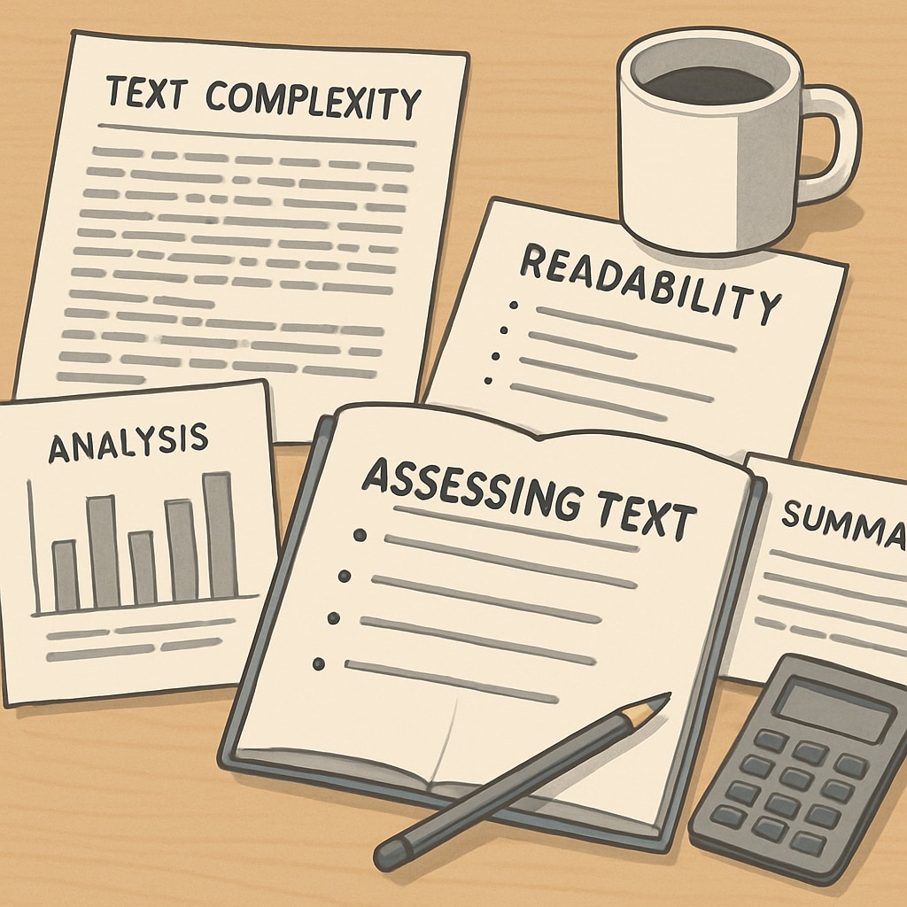 Diverse short texts spread on a desk, symbolizing materials used for evaluating text complexity in research. Short texts laid out for text complexity evaluation in a reading study.