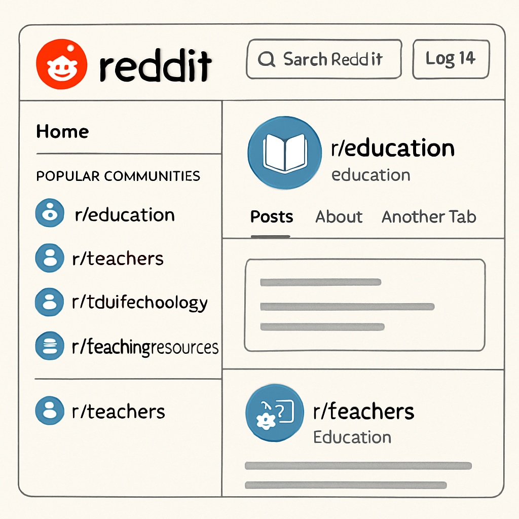 A screenshot of Reddit’s interface highlighting key educational subreddits, such as r/education and r/teachers. Screenshot of Reddit showcasing educational subreddits like r/education and r/teachers.