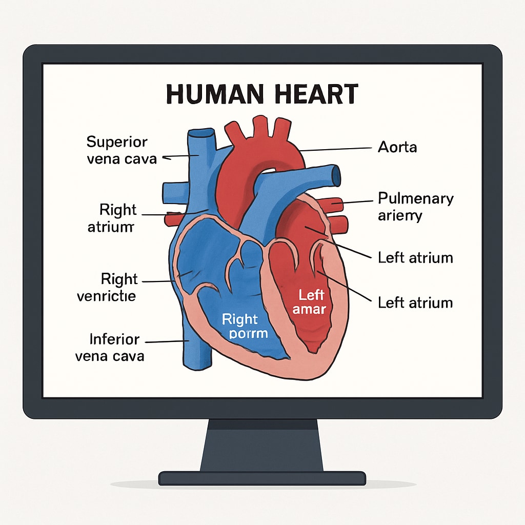 A diagram of the human heart displayed on a computer screen, illustrating an online cardiology course. Interactive human heart diagram used in cardiology education for K12 students.