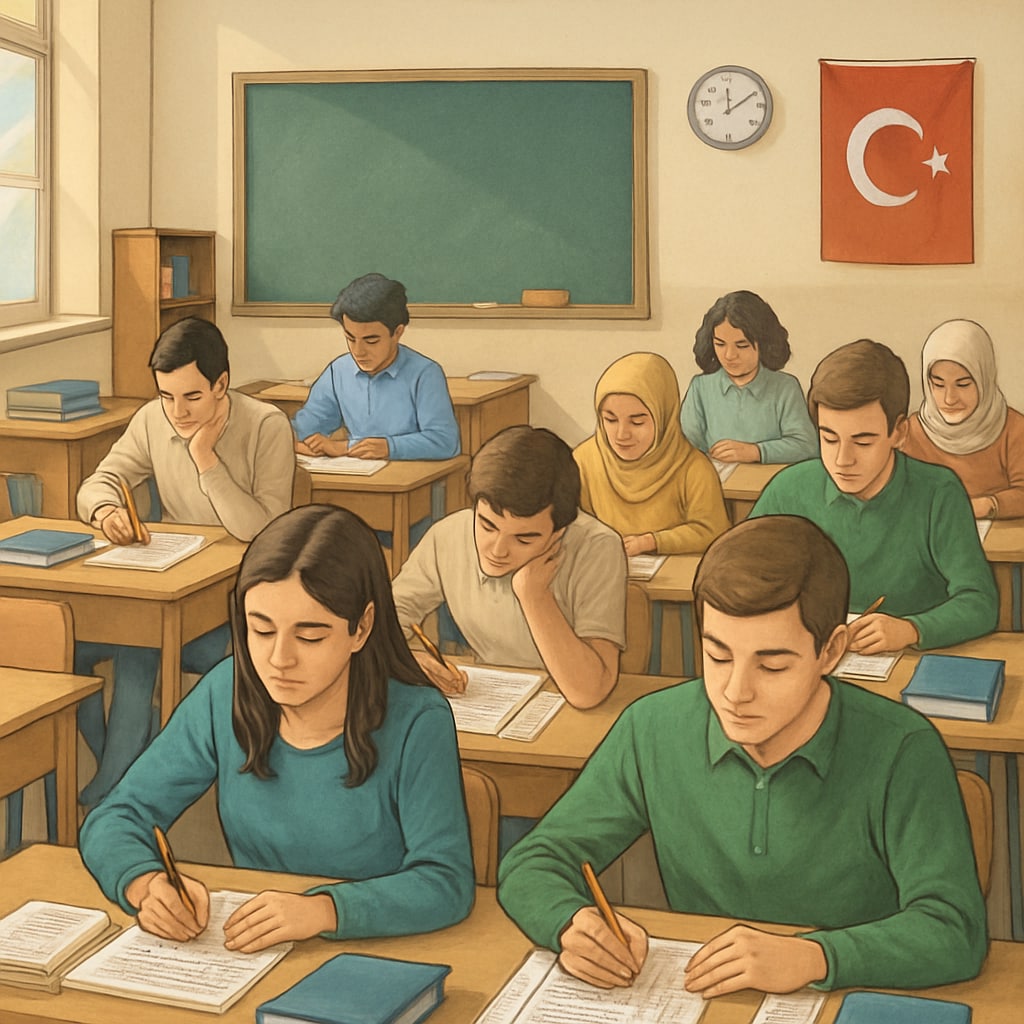 A classroom of Turkish students preparing for a centralized exam. Turkish students preparing for a centralized exam, reflecting exam pressure and rigidity.