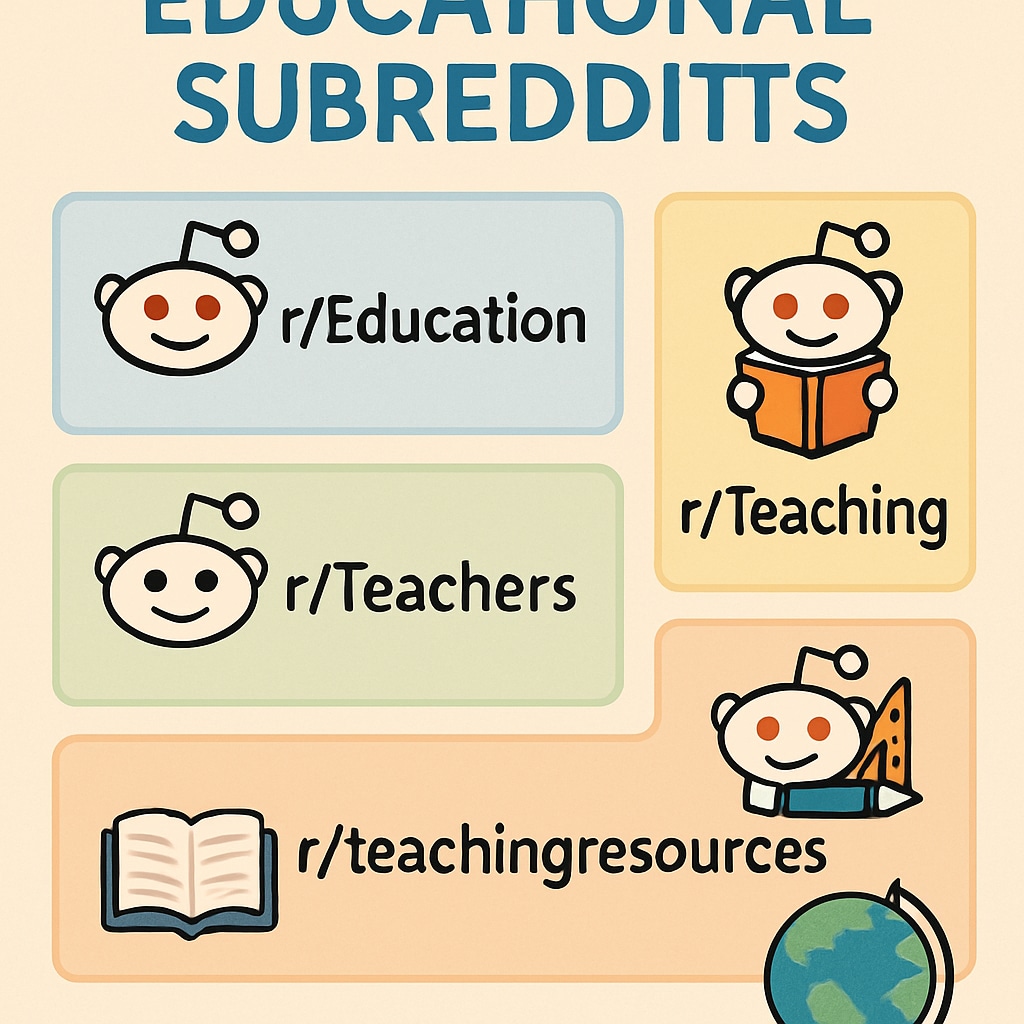 A visual representation of educational subreddits, showing subreddit titles and logos such as r/Education and r/Teachers. Visual representation of educational subreddits like r/Education and r/Teachers.