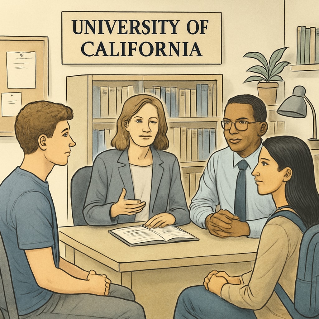 A detailed image of a University of California campus consultation session with students and counselors. University of California consultation session with students and counselors.