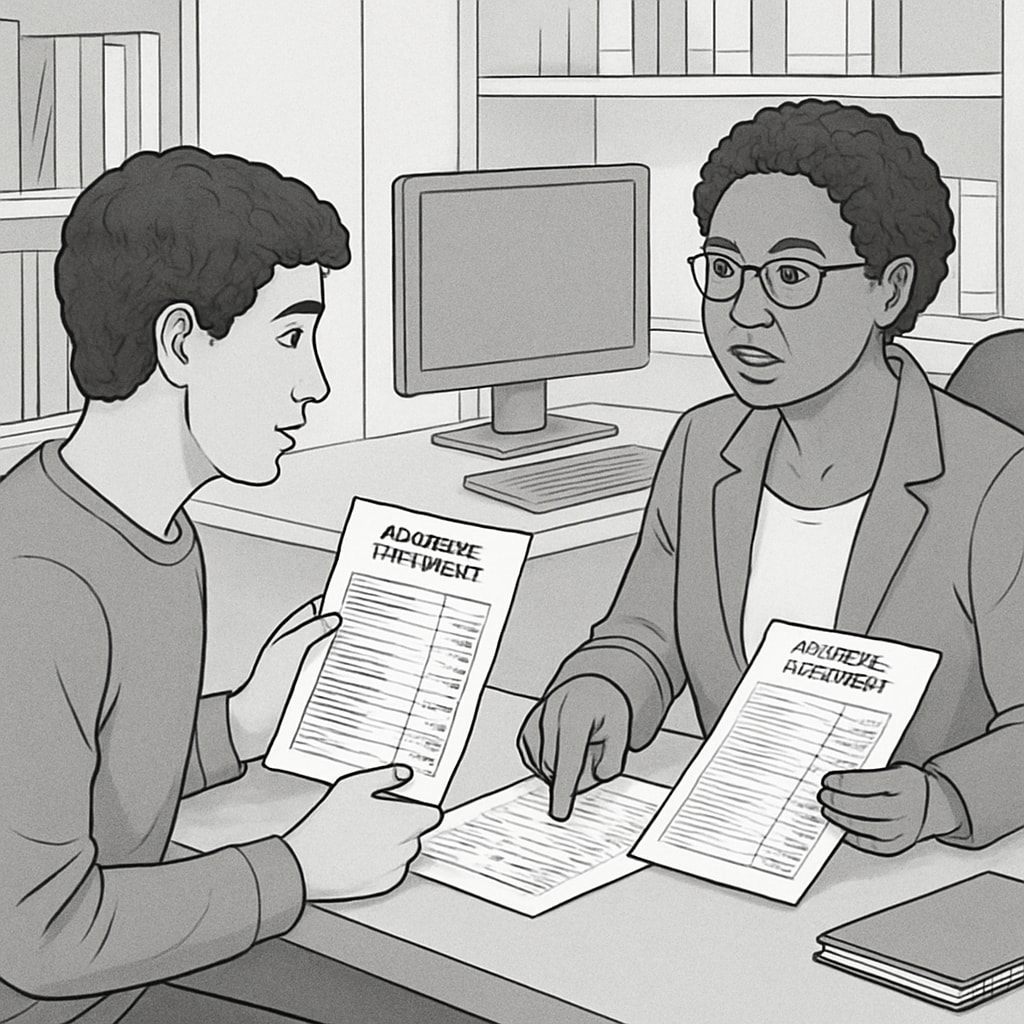 A student reviewing academic transcripts with an advisor in a college office setting, discussing credit transfer options. Student discussing credit transfer options for automotive technology degree.