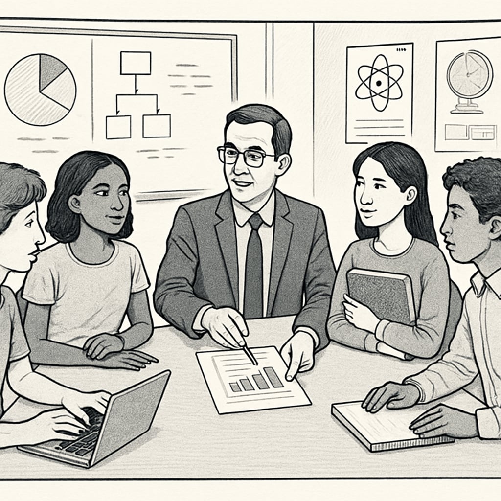 A group of high school students engaged in a college planning session with a University of California advisor. High school students in a college planning session with a UC advisor.