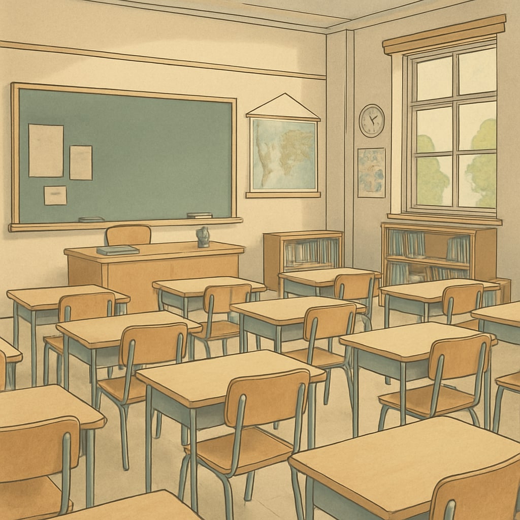 A group of empty classrooms in a school building, symbolizing the absence of teachers due to collective leave. An image of empty classrooms highlighting the concept of