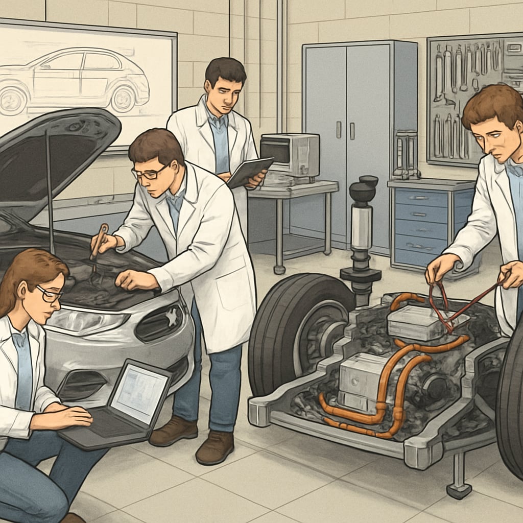 Automotive engineering students conducting hands-on experiments with vehicle prototypes in a university laboratory. Students working on automotive prototypes in an engineering lab.
