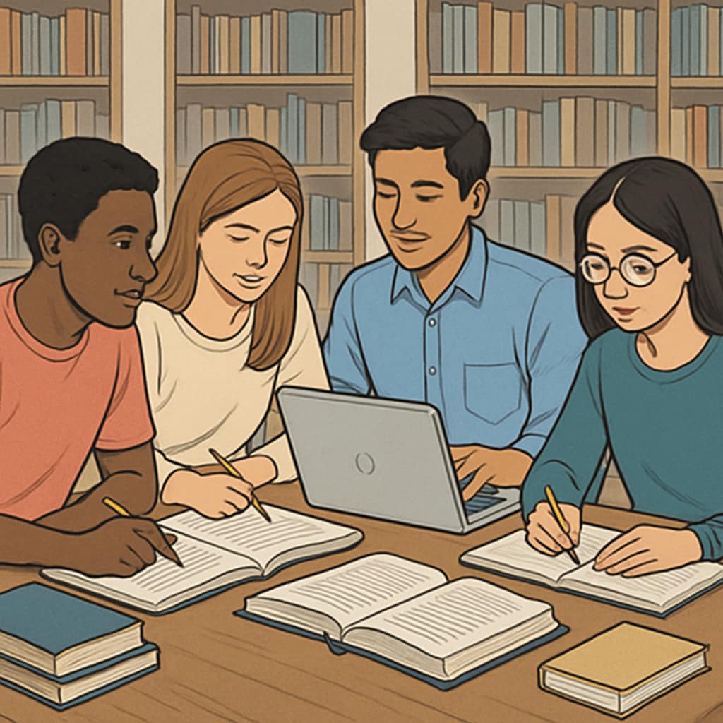A group of diverse college students studying together in a library, symbolizing collaboration and academic success. Diverse college students studying together in a library.