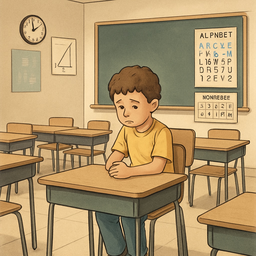 A photo depicting a child sitting alone in a classroom, symbolizing the challenges faced by special needs students in transitioning schools. Child sitting alone in a classroom, representing special education needs challenges.