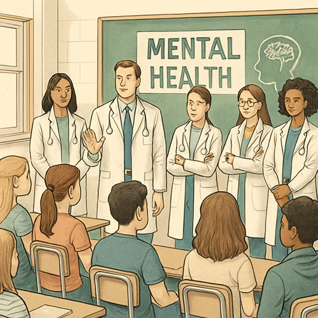 A group of high school students engaged in a mental health assembly led by medical students. High school students listening to medical students in a mental health assembly.