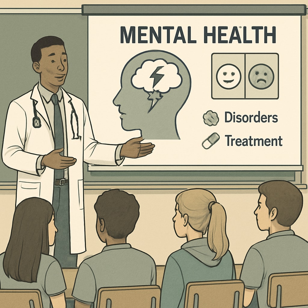 A medical student presenting a mental health topic to a classroom of high school students, using a slide deck. A medical student presenting mental health education to high schoolers.