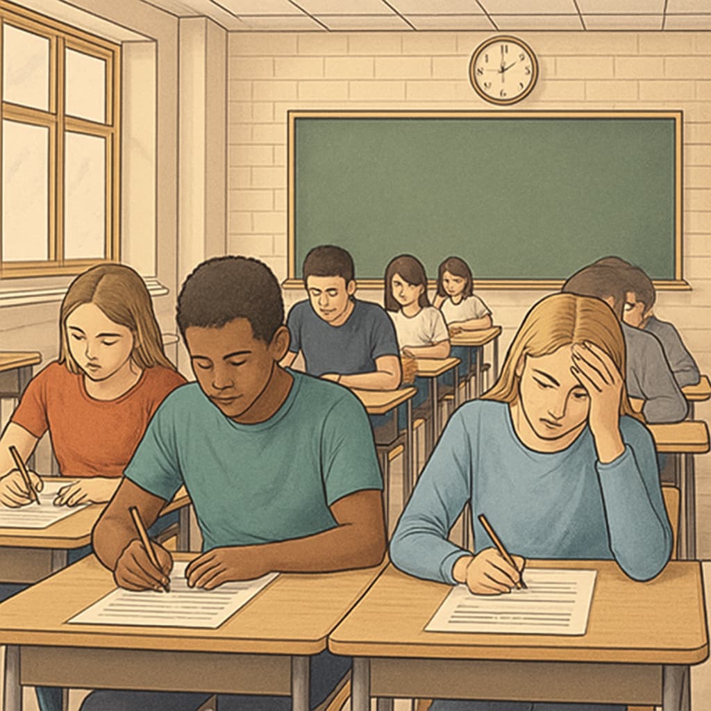 A classroom setting where students are sitting in an exam hall, symbolizing the pressure of academic performance. Students taking GCSE exams in a classroom, highlighting academic pressure.