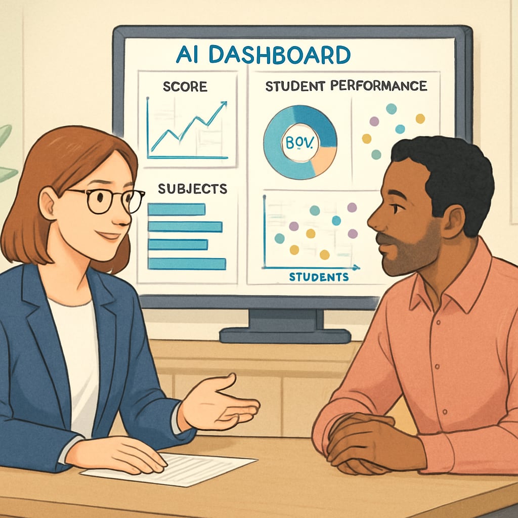 An AI dashboard showing student performance analytics, with a teacher and a parent discussing the data in a meeting. AI education applications improve classroom dynamics with data insights.