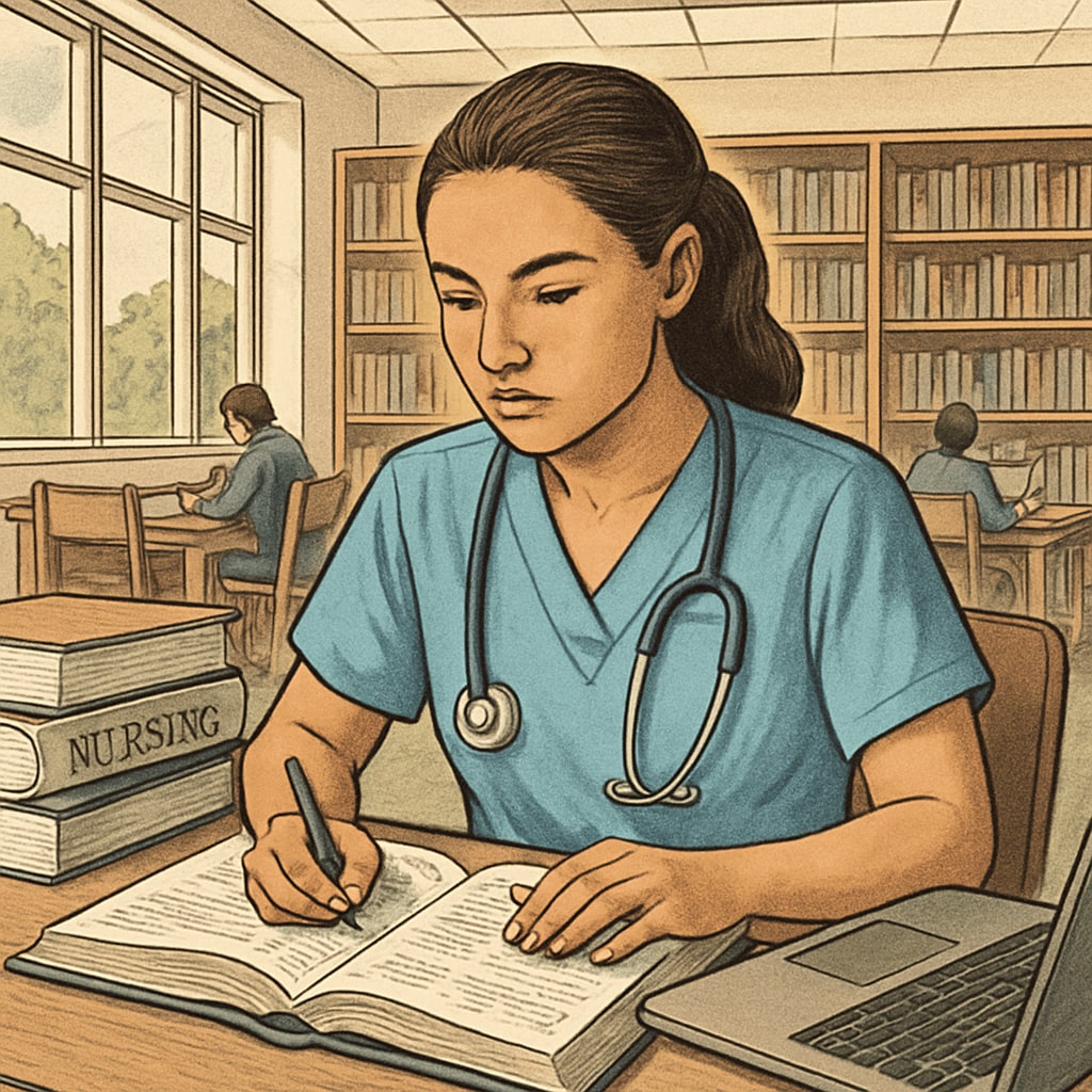 Nursing student studying academic materials at a community college library.