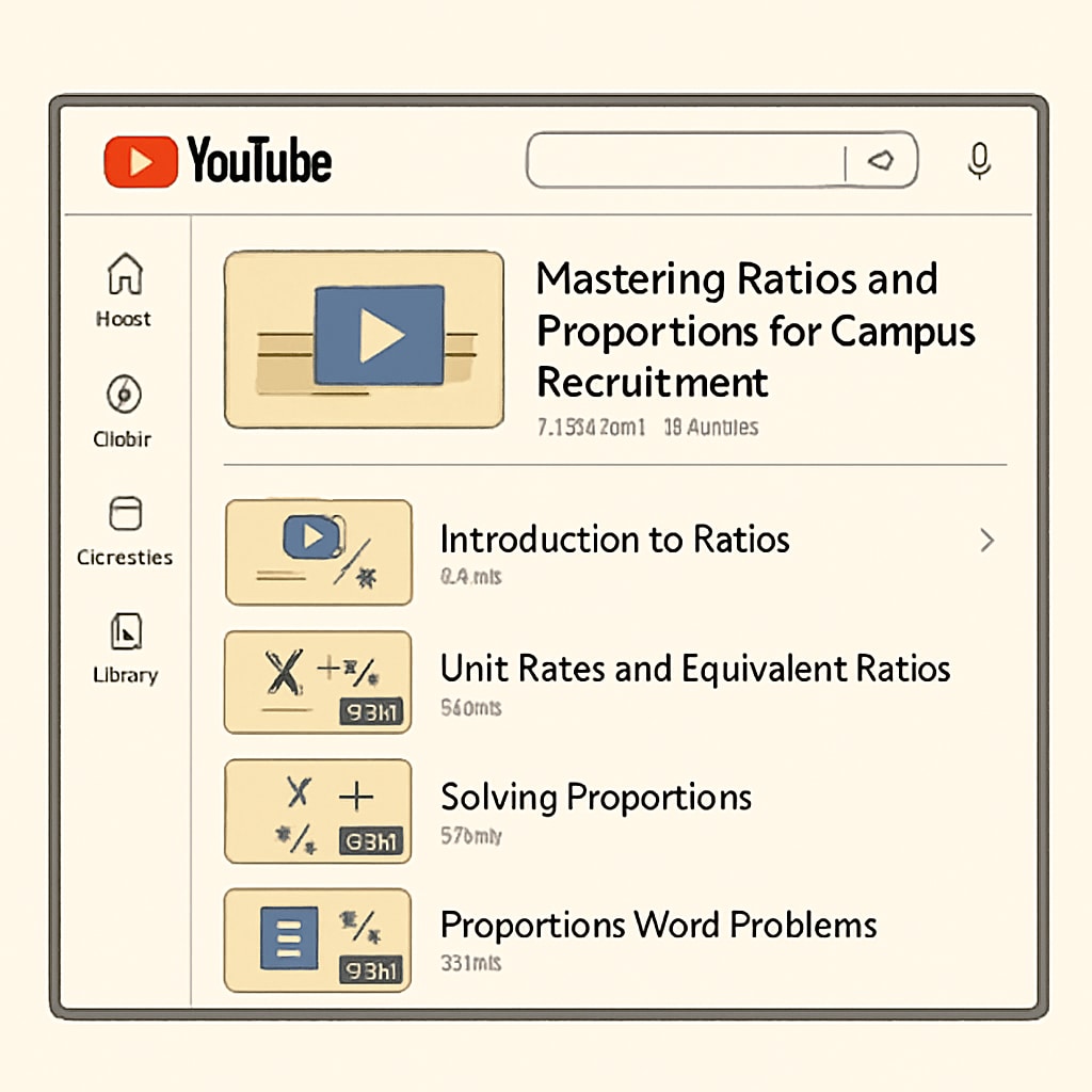 A YouTube interface showing a playlist titled YouTube playlist with math tutorials for campus recruitment preparation.