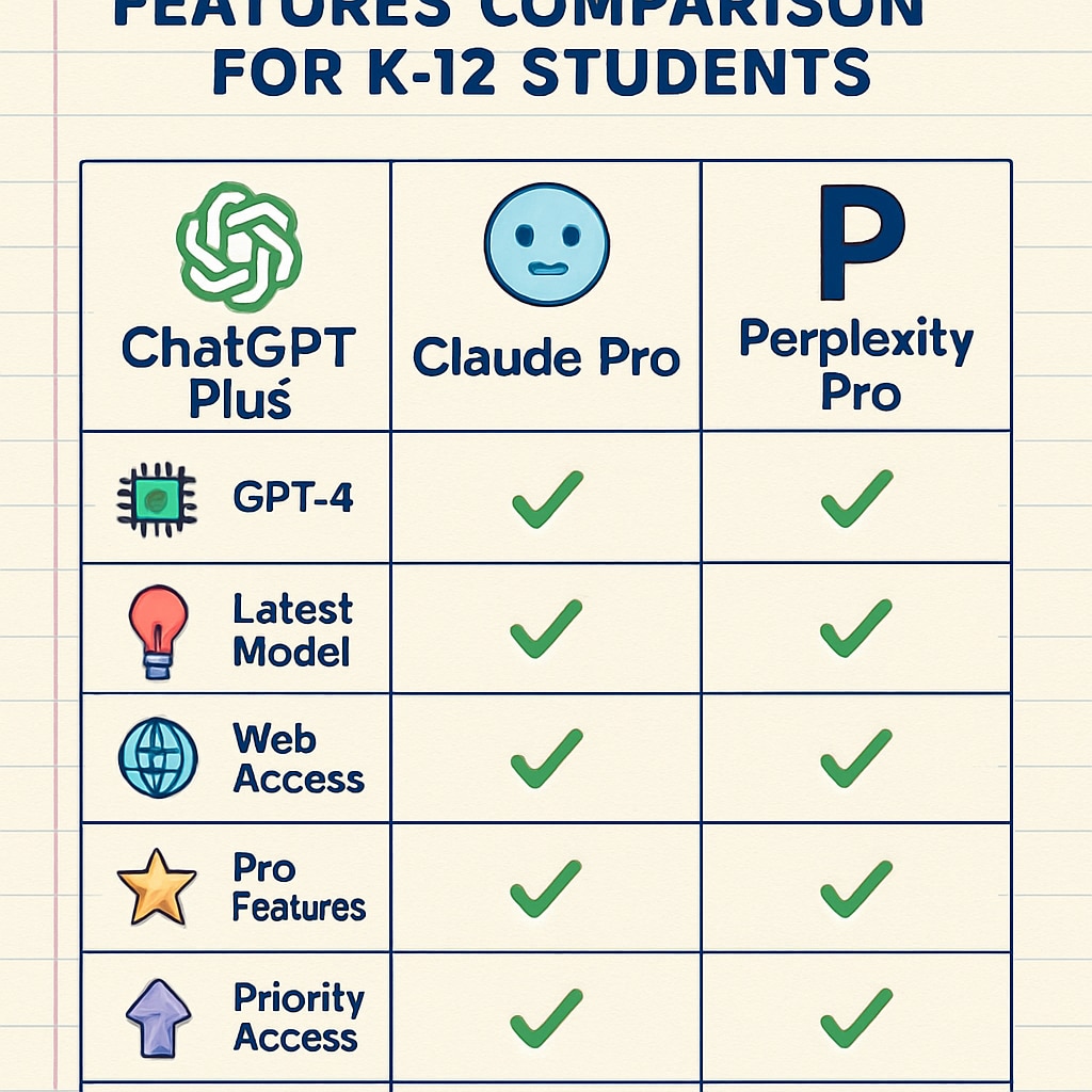 A comparison chart highlighting the features of ChatGPT Plus, Claude Pro, and Perplexity Pro for K12 students. Comparison chart of AI subscription services for academic support.