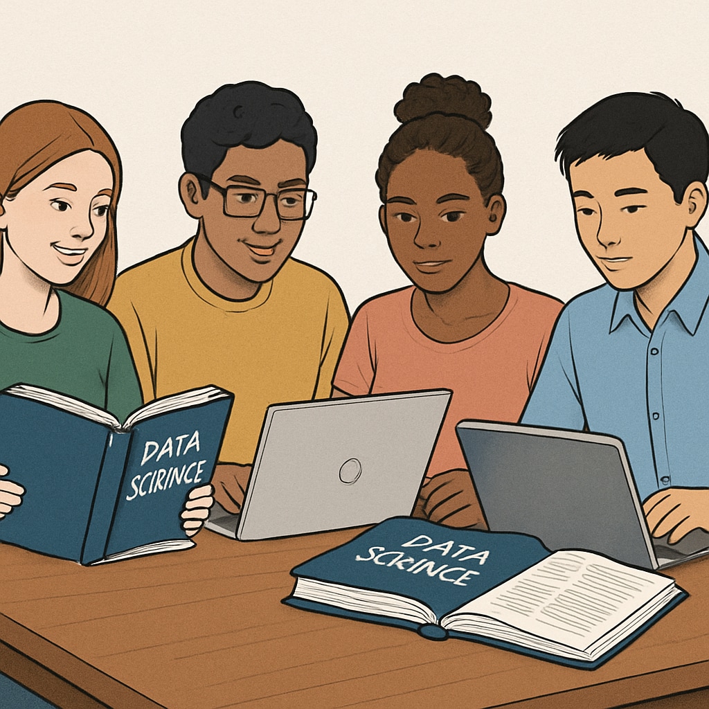 A group of international students studying together with a focus on data science textbooks and laptops. International students preparing for Data Science programs in the U.S.