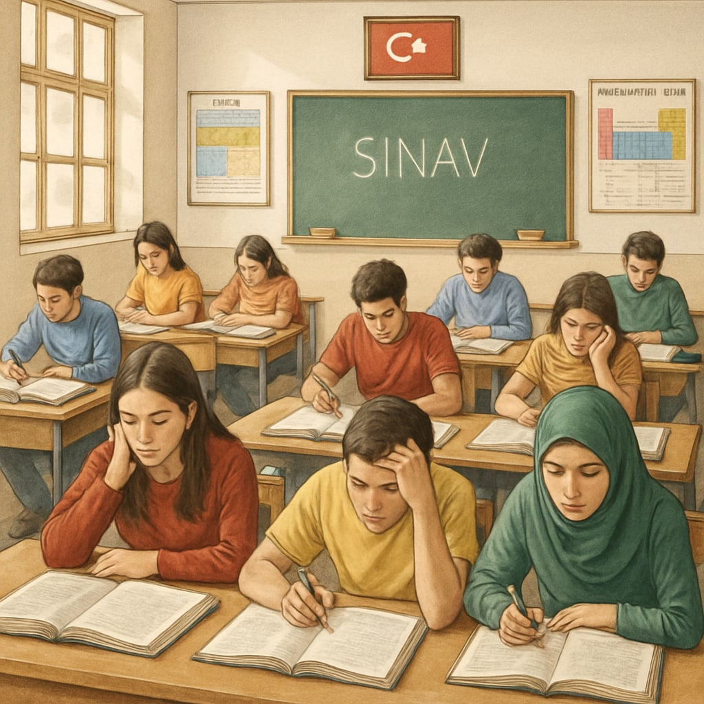 A busy classroom in Turkey where students are preparing for exams, showcasing the high-pressure environment. Turkish students preparing for exams, highlighting the challenges of a centralized education system.