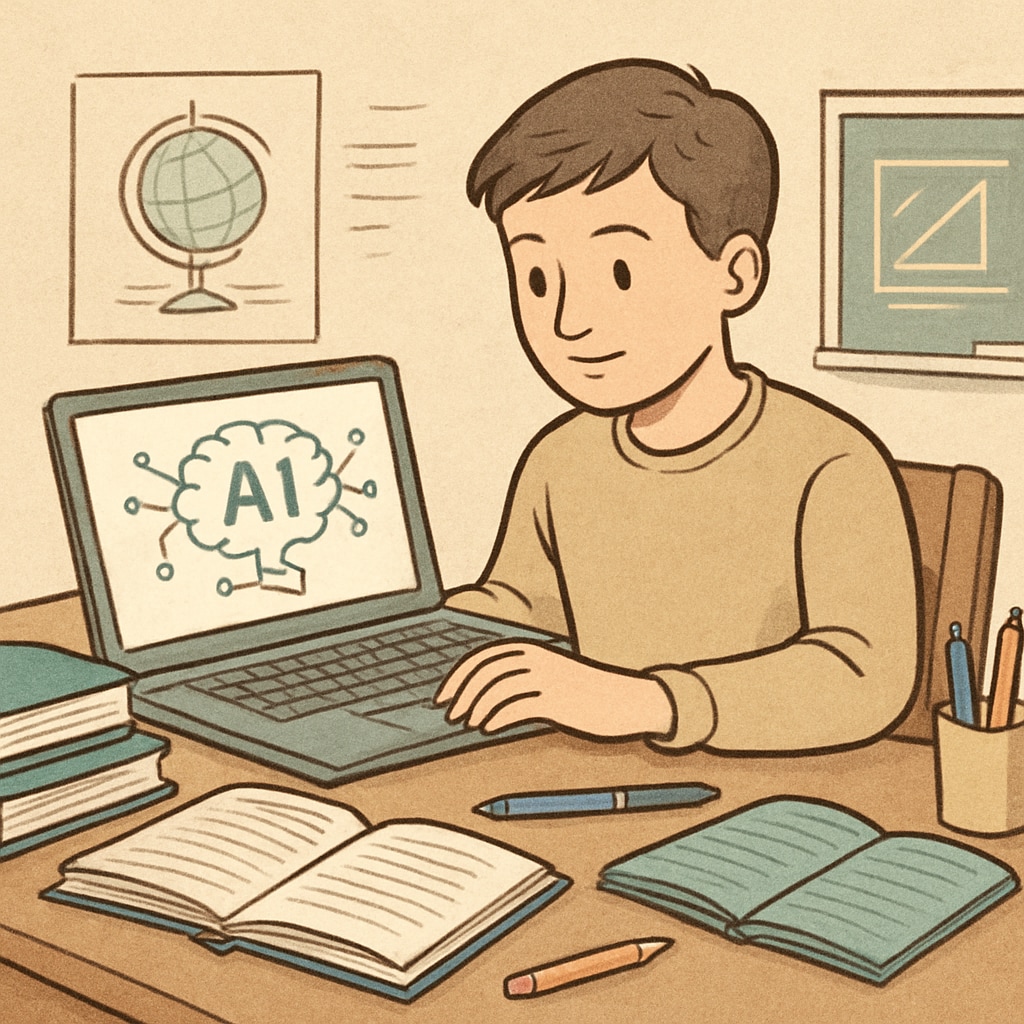 A student using a laptop, showcasing AI tools in education for homework or research. K12 student using AI subscription tools for academic learning.