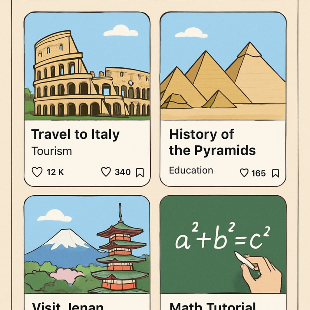 A visually engaging short video platform interface showcasing tourism and educational content. The interface displays a mix of travel clips and educational tutorials. Short video platform interface for tourism and educational content
