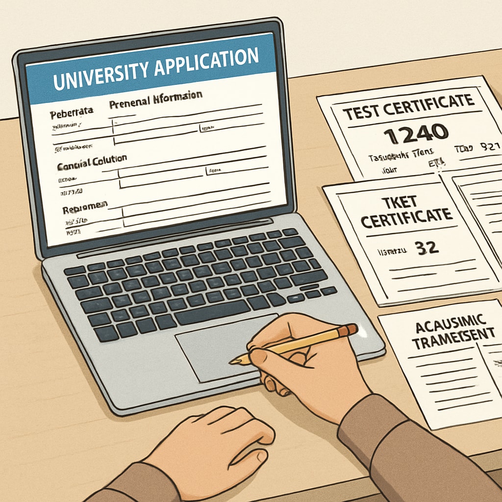 An applicant filling out a university application form online with test certificates and academic transcripts beside them. A prospective Data Science student applying to U.S. universities.