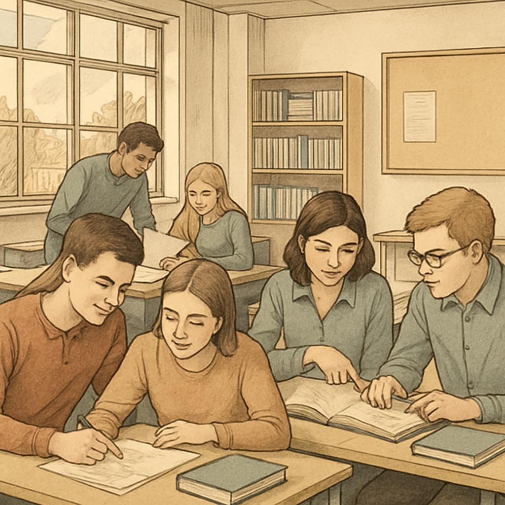 An A Level classroom in the UK, featuring students engaged in collaborative projects, illustrating personalized learning. UK A Level students working collaboratively, demonstrating the benefits of personalized education.