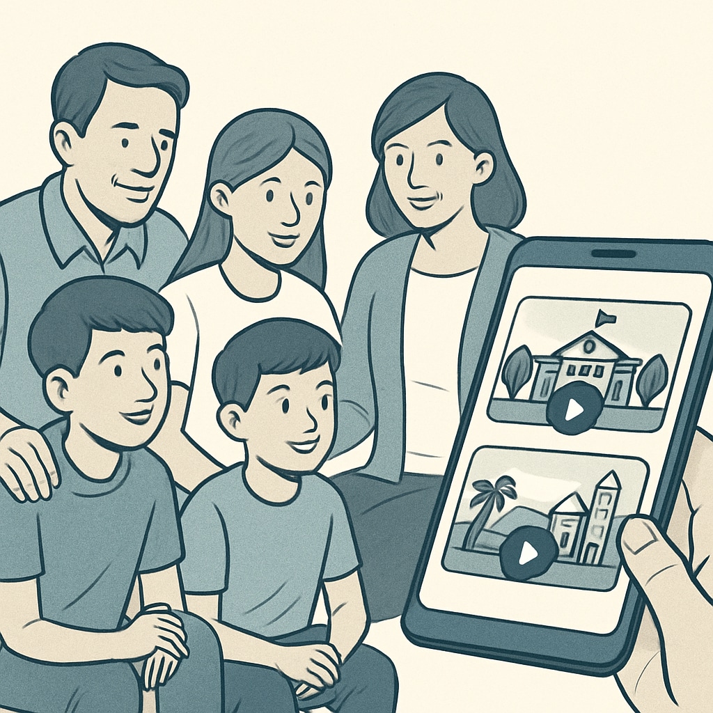 Parents and students watching short videos about schools and tourist destinations on a mobile device. The image emphasizes the role of digital media in decision-making. Parents and students viewing short videos on mobile devices