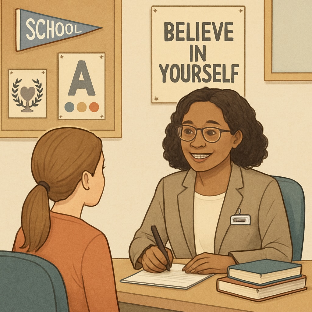 A school counselor talking to a student in a supportive setting, highlighting the importance of emotional and academic guidance in non-teaching roles. School counselor role in non-teaching careers in education.