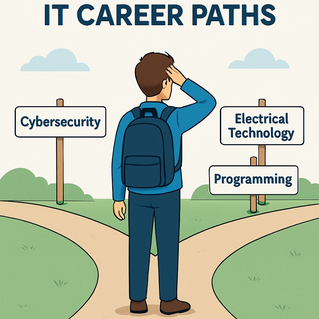 A conceptual image of a student choosing between different IT career paths, with branching options like cybersecurity, programming, and electrical technology. Career choices in IT fields for college students