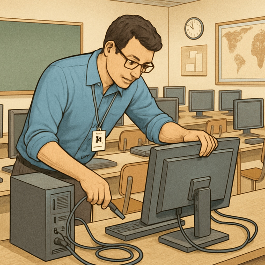 An IT specialist setting up computers in a school lab, showcasing the role of technology professionals in the education system. IT specialist role in non-teaching careers in education.