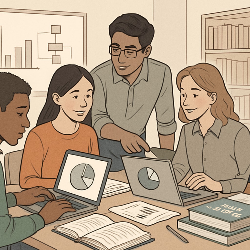 International students collaborating on data science projects.