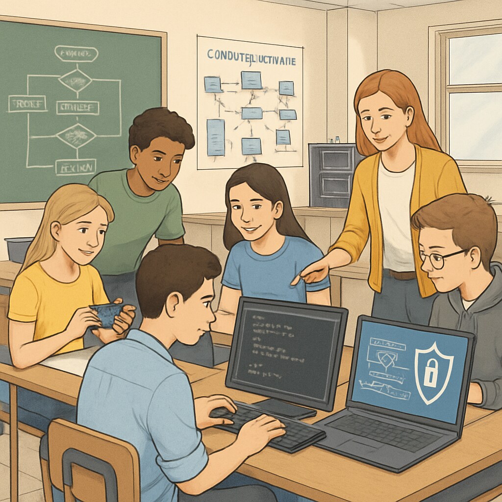 A classroom setting with students working on IT projects, displaying hands-on learning in programming and cybersecurity. IT students engaging in practical programming and cybersecurity tasks