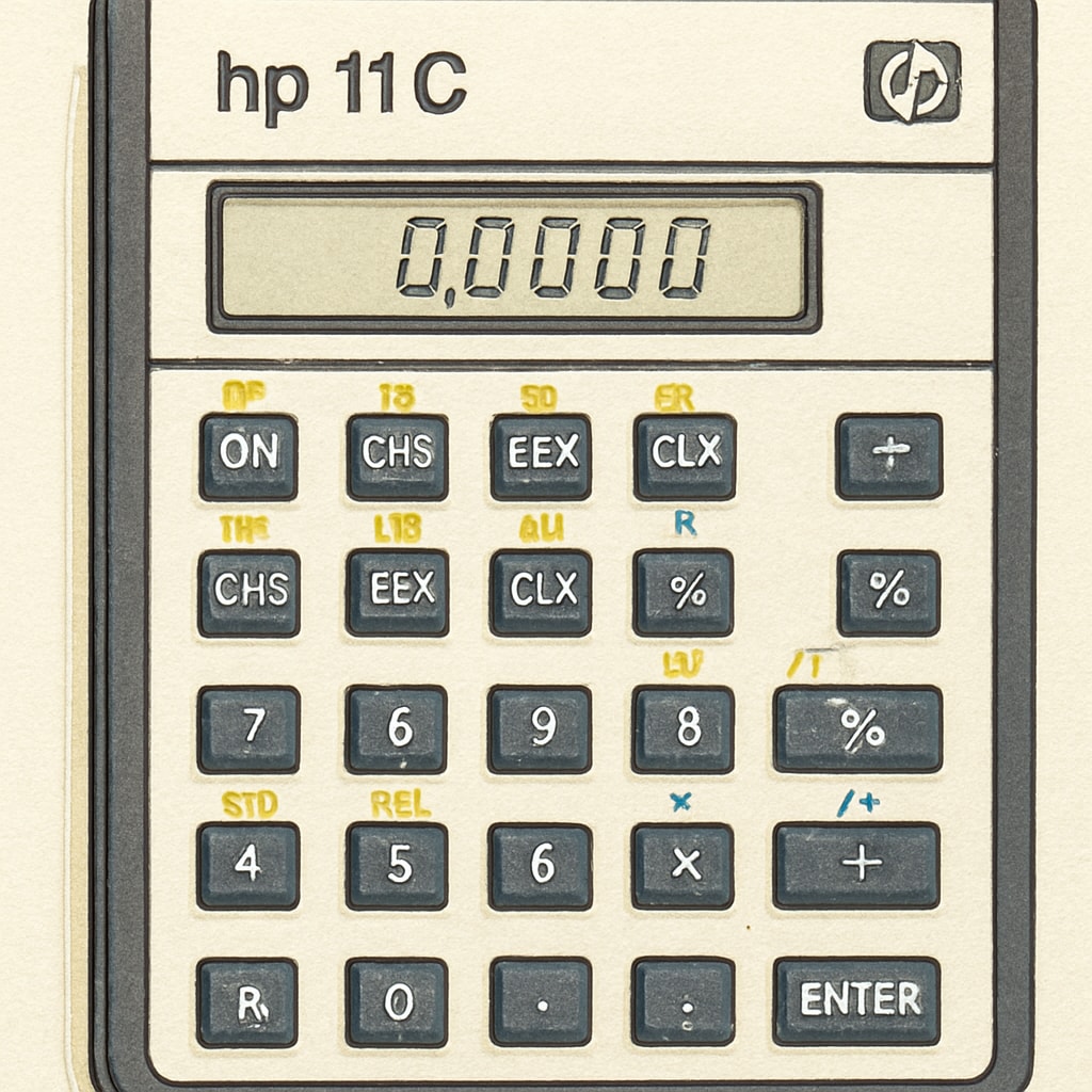 HP 11c calculator close-up featuring stack-based functionality