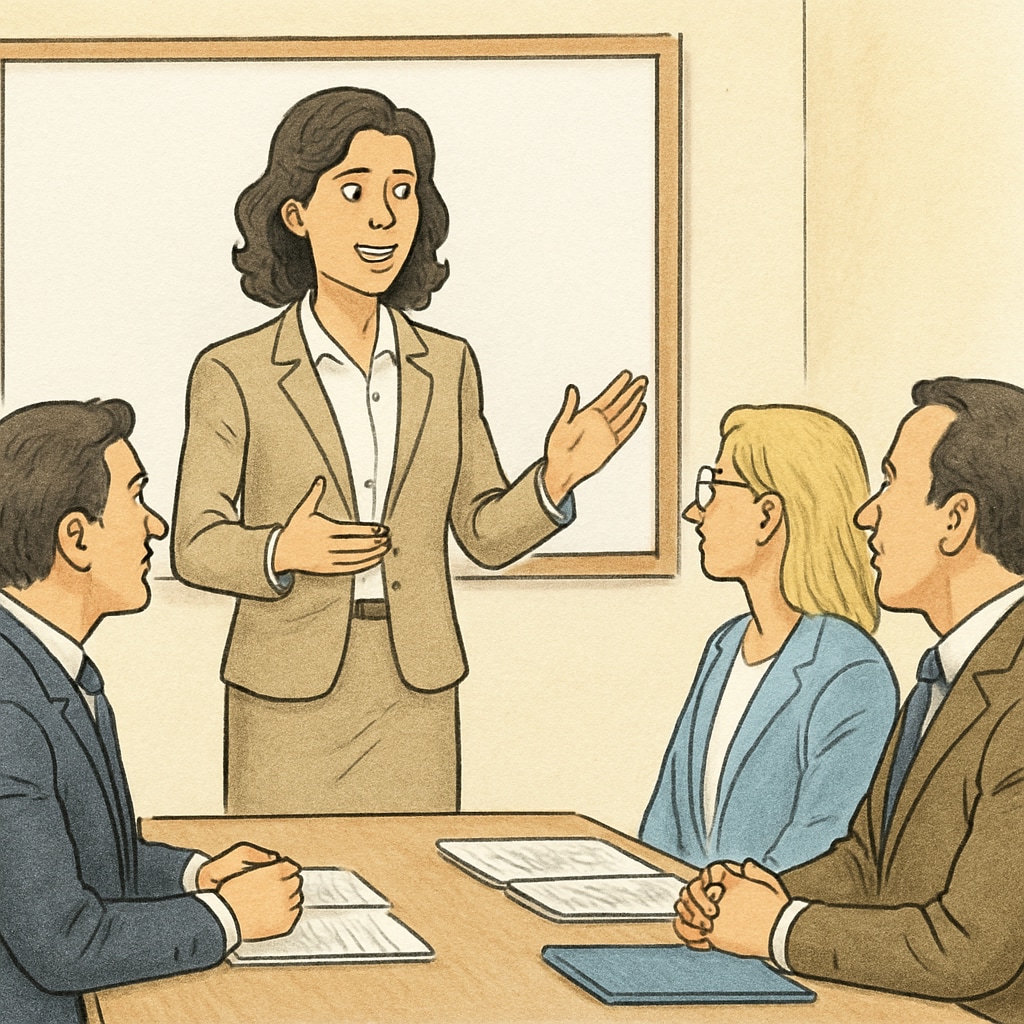 A professional woman speaking confidently at a business meeting, symbolizing effective communication inspired by Sadhguru's teachings. Woman entrepreneur confidently speaking at a meeting inspired by Sadhguru’s communication principles.