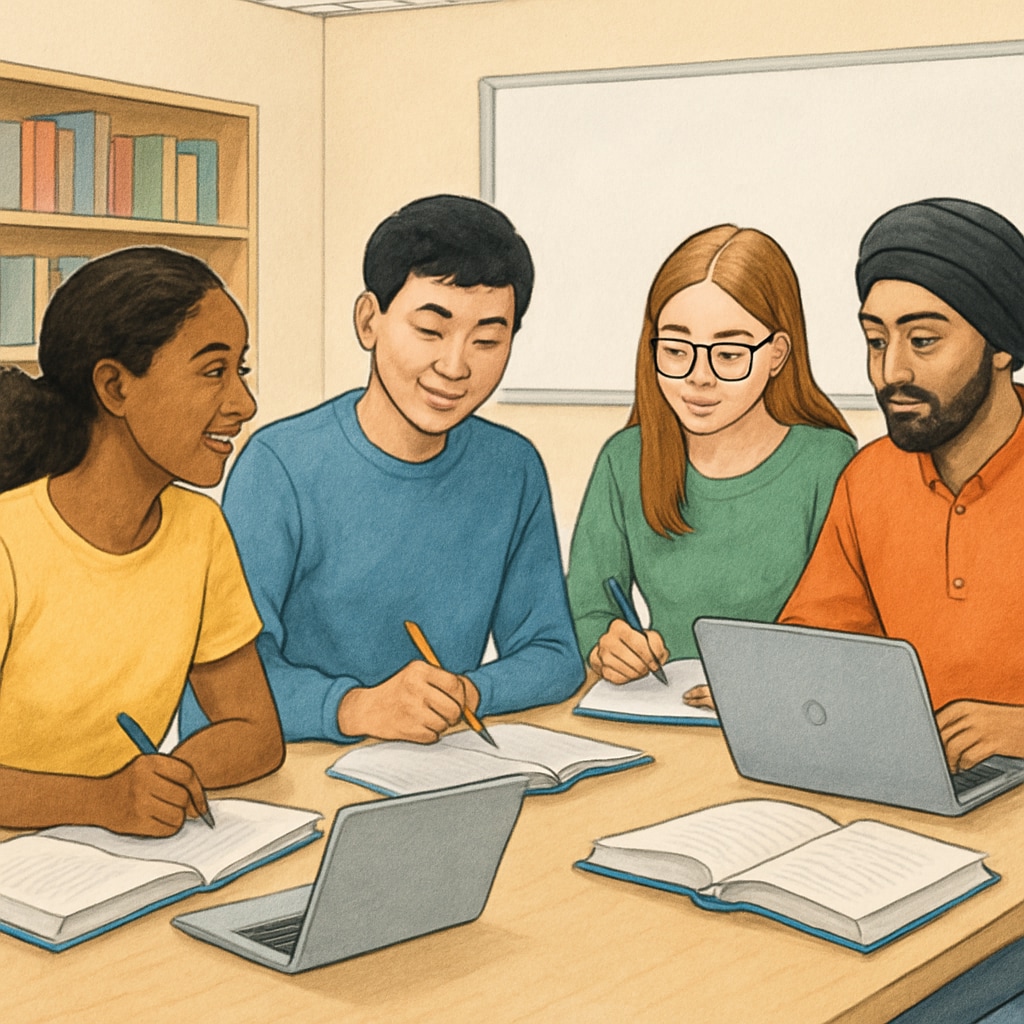 A diverse group of students studying together at a community college, representing affordable pathways for AS-level students. Diverse students studying together as an example of affordable education pathways for AS-level students.