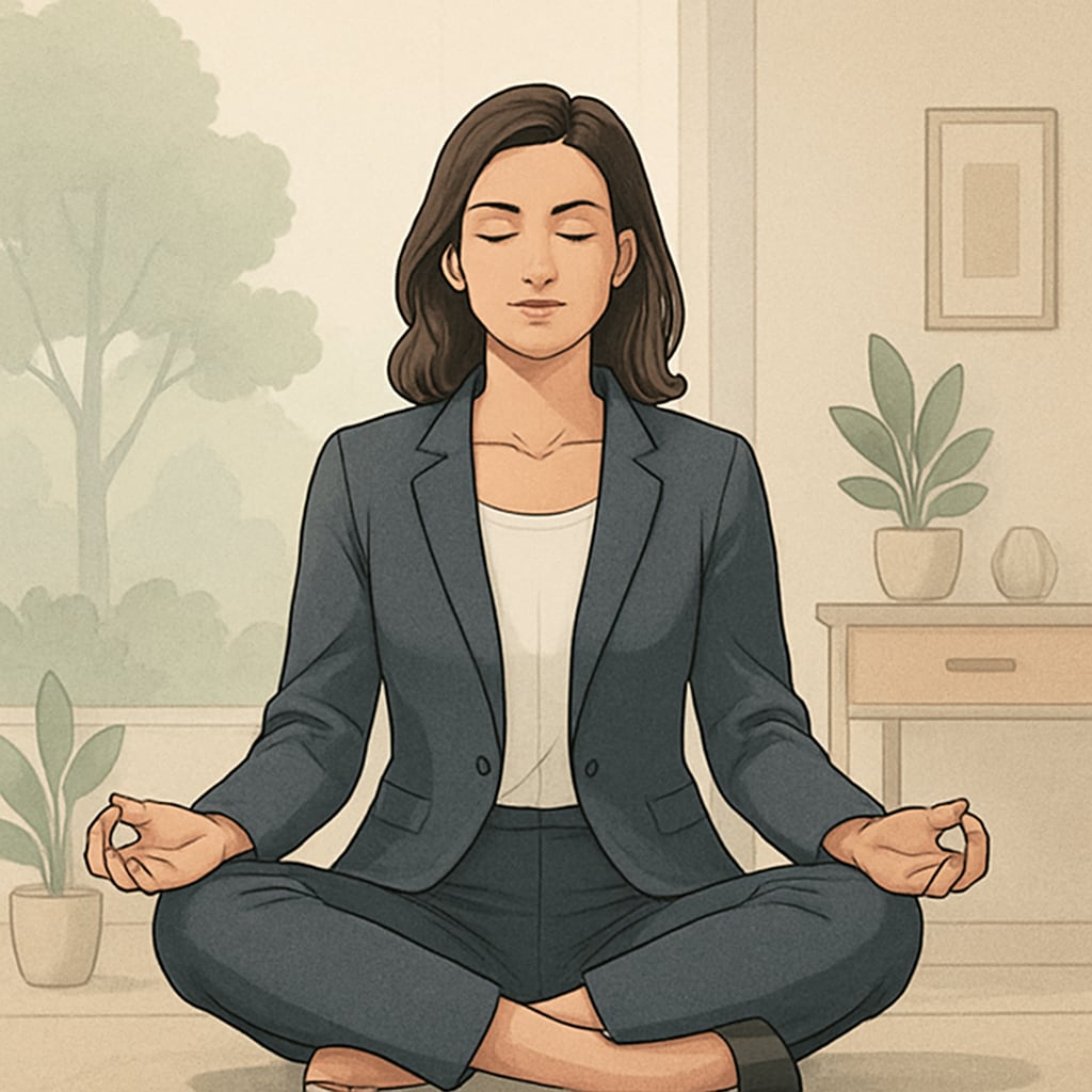 A serene environment with a female entrepreneur meditating, reflecting inner clarity and mindfulness as emphasized by Sadhguru. Female entrepreneur meditating in a peaceful setting, demonstrating mindfulness and clarity.