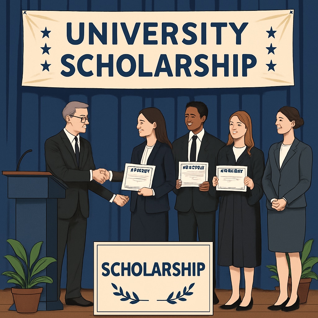 A university scholarship award ceremony with students receiving certificates, highlighting financial aid opportunities. University scholarship ceremony showcasing financial aid opportunities for AS-level students.
