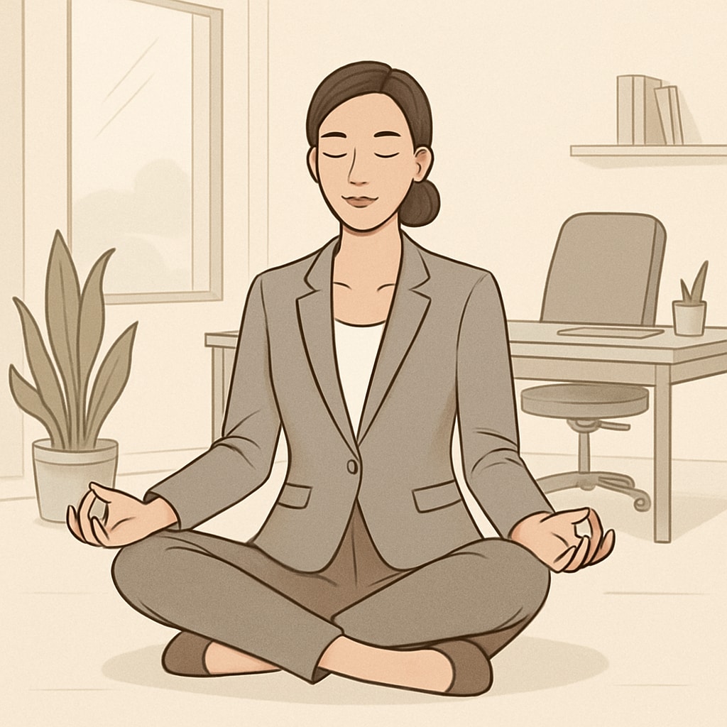 A professional woman entrepreneur meditating in an office space, symbolizing mindfulness and inner balance. Woman entrepreneur practicing mindfulness inspired by Sadhguru’s teachings.