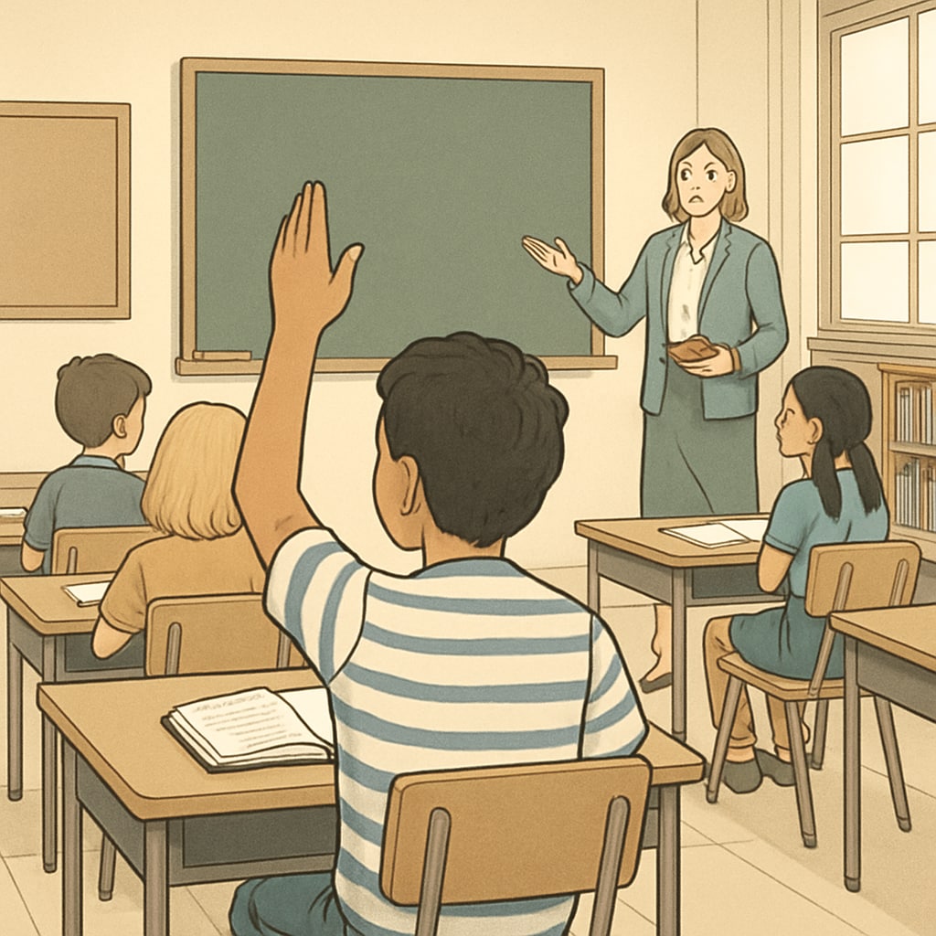 A classroom scene with a student raising their hand to ask a question, symbolizing empowerment in academic discussions. Student raising hand in classroom to discuss academic fairness and appeals.