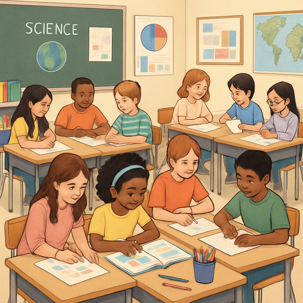 A classroom in the United States with diverse students engaging in non-competitive group activities. American classroom focused on inclusivity and non-competitive learning.