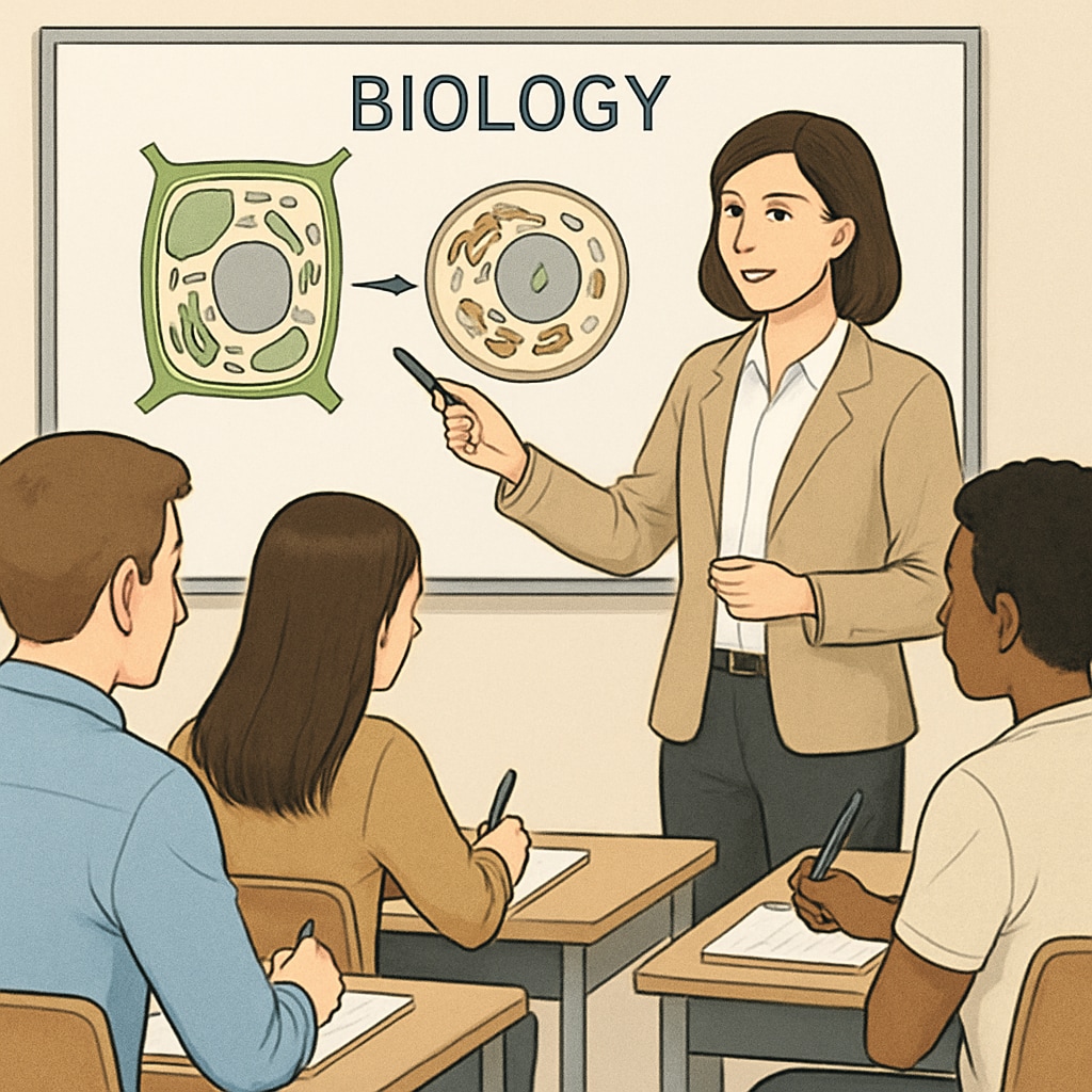 A classroom setting with a teacher explaining a biological concept to engaged students. This image demonstrates the direct connection between biology expertise and teaching effectiveness. A teacher with a biology background engaging students in a STEM classroom