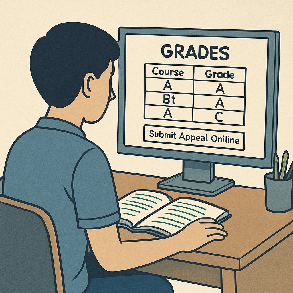 A student reviewing their grades on a computer screen, with a visible option for submitting an appeal online. Student viewing grades online with an option for academic appeals.