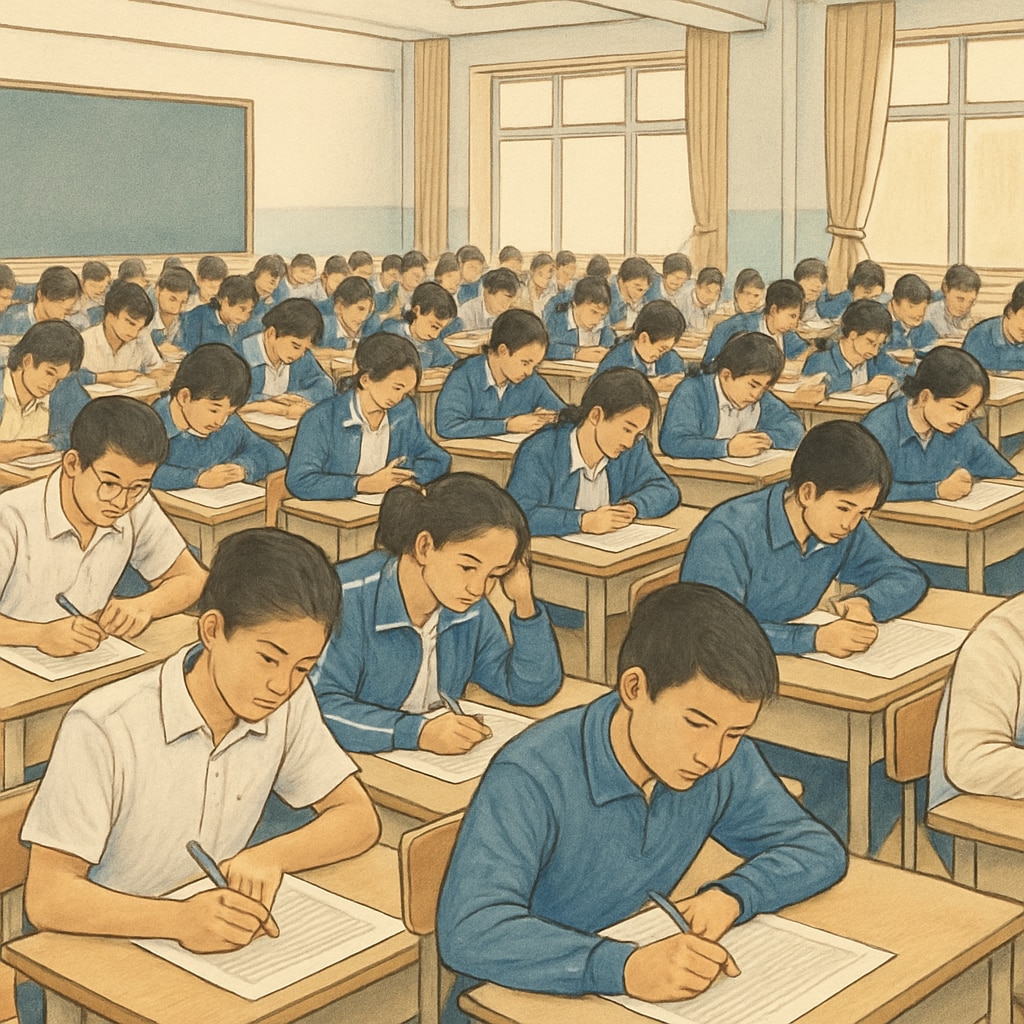 A large group of students in China taking the Gaokao exam in a structured setting. Chinese students participating in the Gaokao exam, showcasing the exam-oriented model.