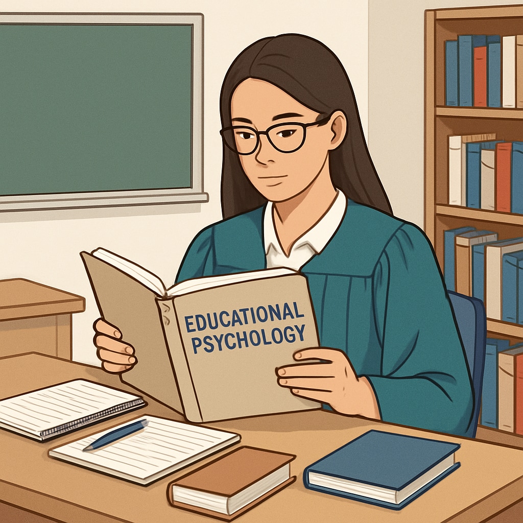 A biology graduate studying educational psychology textbooks at a desk, symbolizing the transition from a science-oriented field to education. Biology graduate studying educational resources for a career in teaching