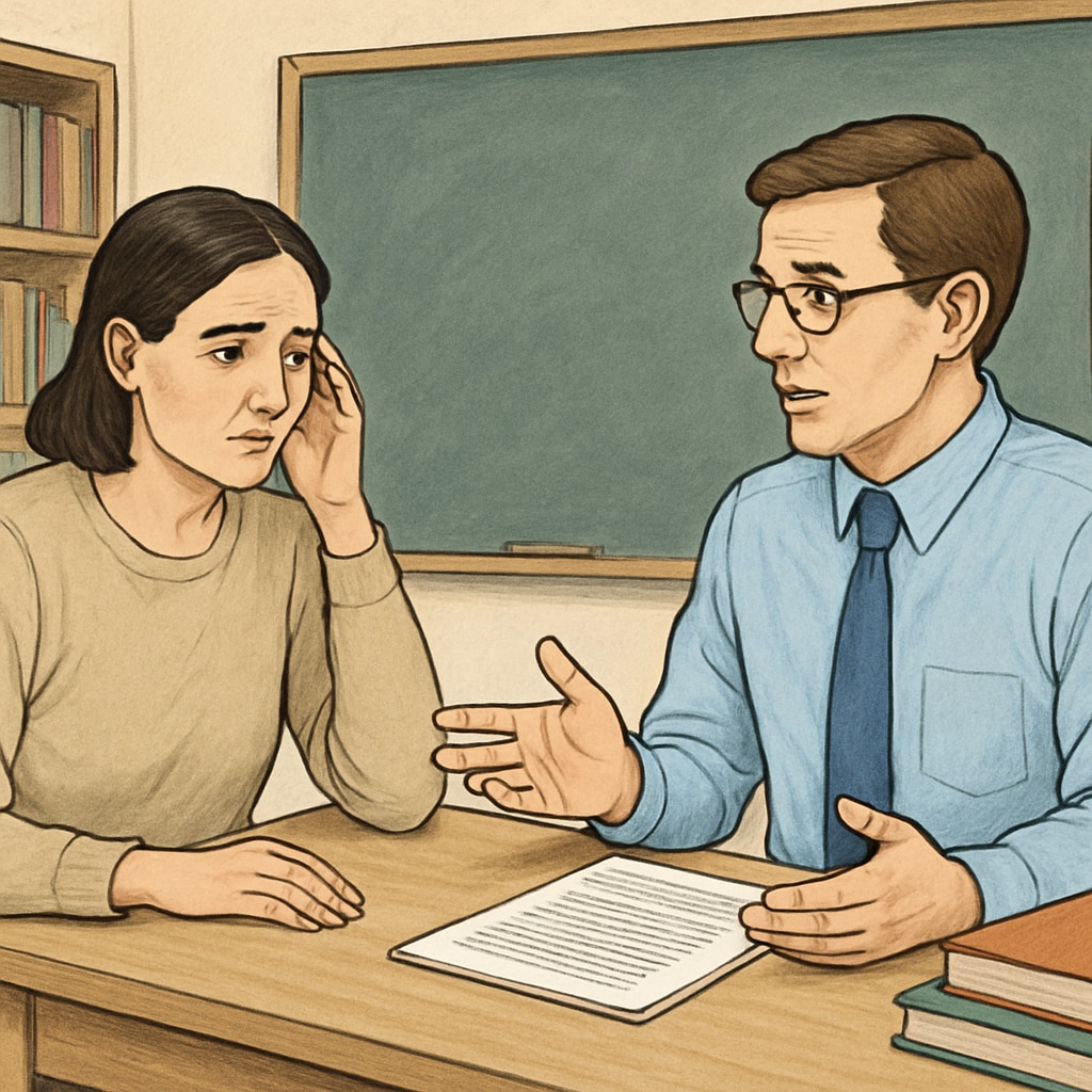 A concerned parent discussing school attendance policies with a teacher during a parent-teacher meeting. Parent expressing concerns about school attendance rules.