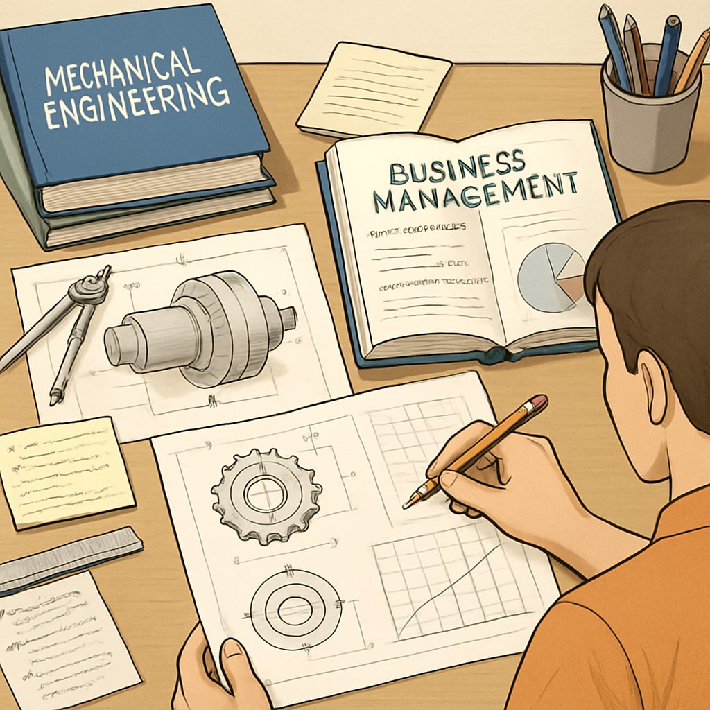 A student working on a mechanical engineering design project while reviewing notes for a second degree in business management. Mechanical engineering student balancing coursework with business management studies.