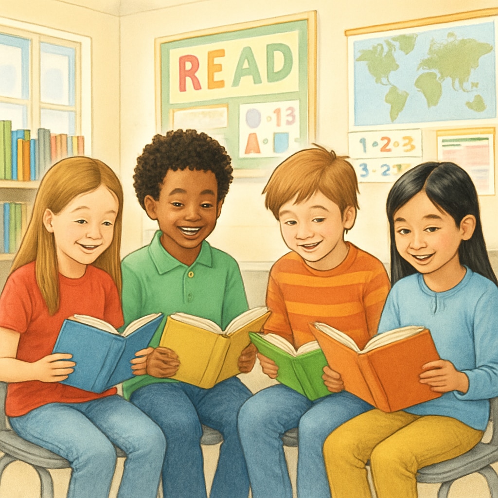 Fourth-grade students reading books, related to free reading comprehension tools.
