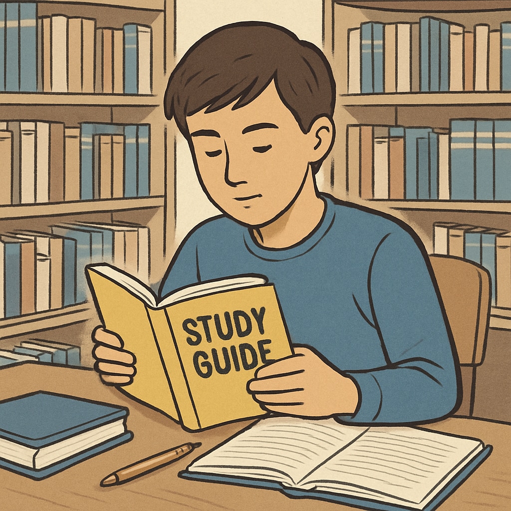 A teenager reading a study guide book at a library table, illustrating active learning. Teen reading a book about study methods and memory retention.