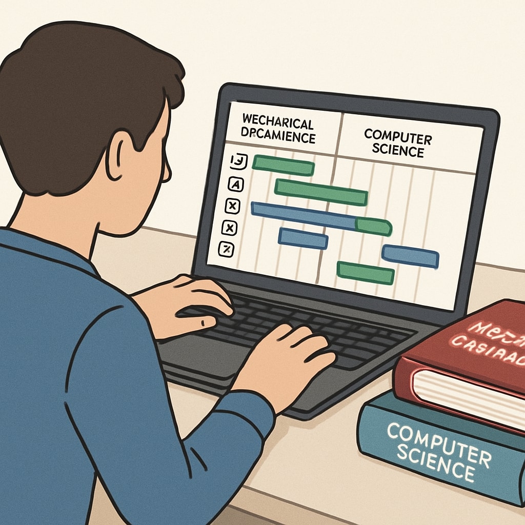 A student using project management software to schedule tasks for mechanical engineering and computer science coursework. Student managing dual degree tasks with project planning software.