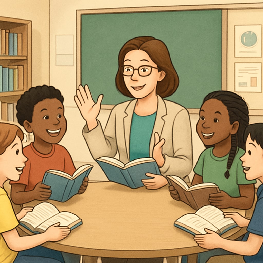 Teacher and students discussing a book, emphasizing reading passion.